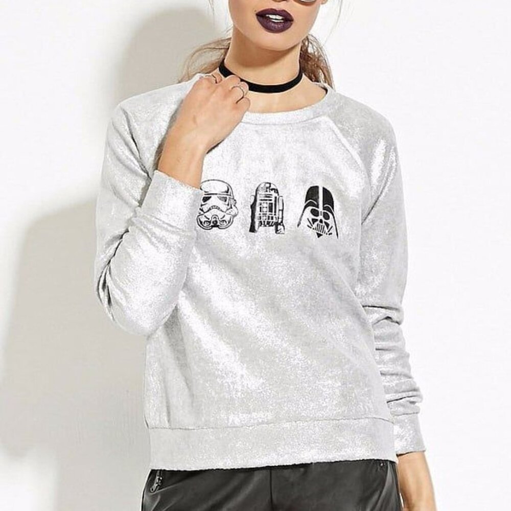 Star Wars Forever 21 Graphic Sweatshirt Silver Metallic Pullover Crew‎ Neck
